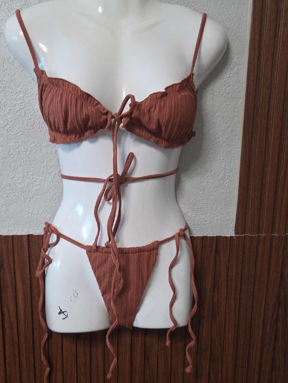 Ruched Rust-Brown Tie Bikini Set